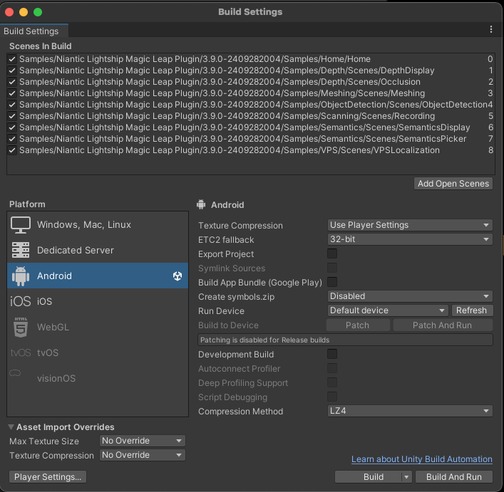 Selecting scenes in the Build Settings menu