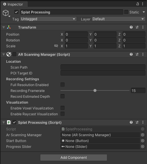 The Splat Processing inspector with the disabled AR Scanning Manager and the new script