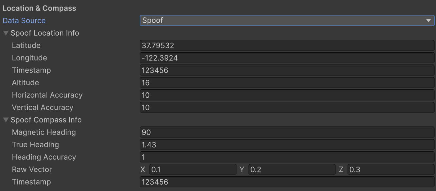 Spoofing location and compass data in Lightship Settings