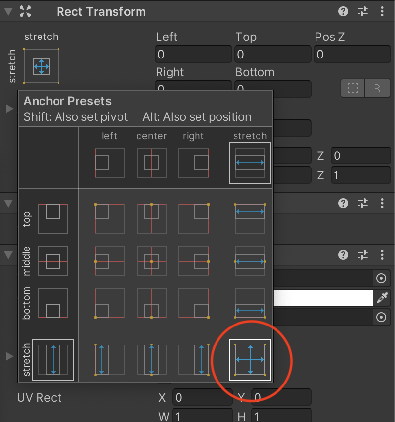 アンカー・プリセット」メニューの「ストレッチ」オプションを強調するUnity UIのイメージ