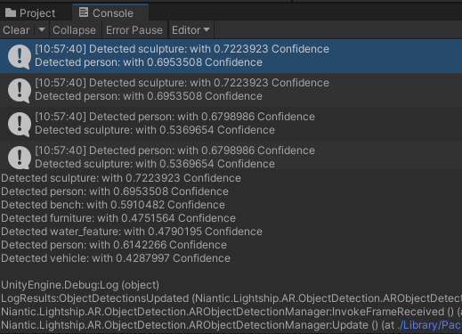 The console output after running object detection on a dataset in the Editor