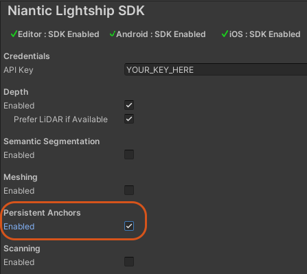 Unityメニューの「Enable Persistent Anchors」にチェックを入れた状態